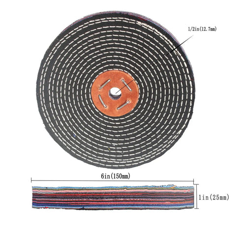 Denim Buffing Wheel For Bench Grinder And Die Grinder, Six Inch By One Inch Thick With Half Inch Arbor, front view and side profile