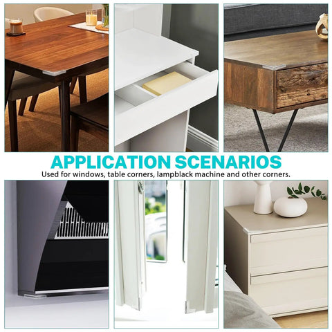 Ultra Thin Silicone Corner Guards Set Of 8 for furniture and windows shown on table, drawer, cabinet, and window corners