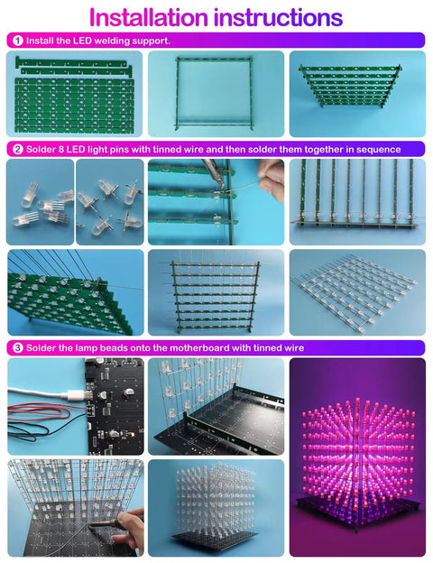 Installation steps for 3D LED Cube Kit For DIY Electronics, Dope Lighting Effects, Pre Soldered Mainboard, Soldering Project