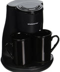 Dual Drip Coffee Maker For Two With Handbuilt Ceramic Mugs And Chrome Spoons Compact Personal Brewer with removable filter and tray.