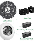 Components of a Six Point Five Watt Solar Fountain Pump With Color Changing LED Lights 3000mAh Battery Backup for outdoor use