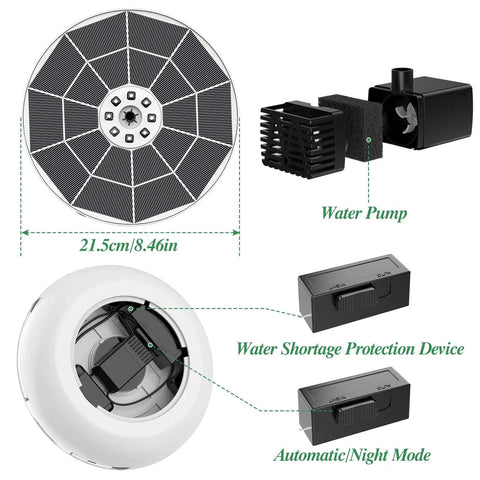 Components of a Six Point Five Watt Solar Fountain Pump With Color Changing LED Lights 3000mAh Battery Backup for outdoor use