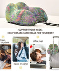 Monet Iris Garden Travel Neck Pillow with memory foam core and removable washable cover displayed on luggage and in use scenarios