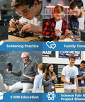 Collage of students and family using DIY Trash Can Soldering Practice Kit With Through Hole Build And Hands Free Photoelectric Effect Automatic Sensor Model For High School College Students And Hobbyists in various educational settings.
