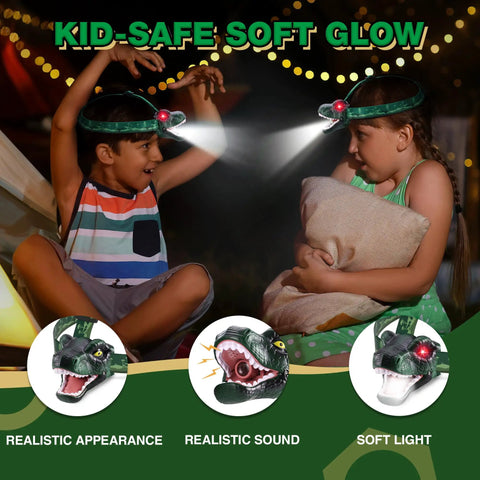 Kids with Kids Dinosaur Themed LED Headlamp With T Rex Design, Glowing Eyes And Roaring Sound Effects, perfect for camping