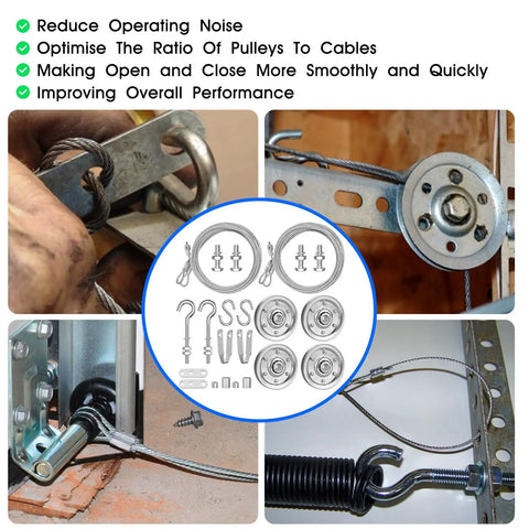 Garage Door Cable Replacement Kit for Overhead Sectional Doors With Four Beefy 3 Inch Heavy Duty Pulleys And Two Galvanized Seven By Seven One Eighth Inch Aircraft Cables, Twelve Fasteners, Built For Torsion And Extension Spring Systems in use