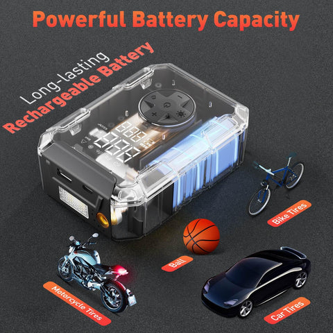 Cordless Tire Inflator With Pressure Gauge, Portable Air Pump For Bike Car Motorcycle Tires with battery capacity and icons