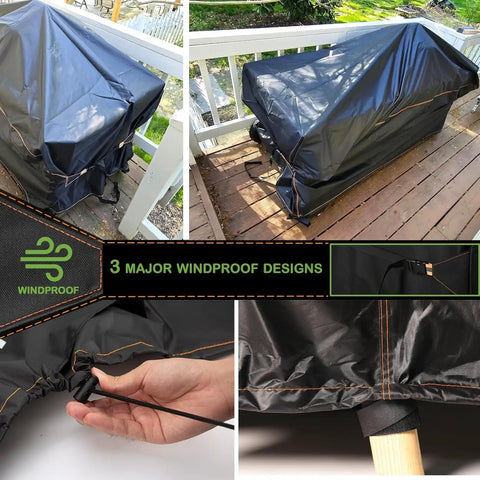 Heavy Duty Waterproof Outdoor Sofa Cover for 3 Seater Patio Couch 79x37x35 inches on deck showing windproof features and secure fastenings