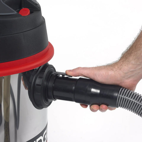 Connecting hose to 16-Gallon Stainless Steel Wet Dry Shop Vacuum With Cart, Pro Hose, Drain And Blower Port, 6.5 Peak HP Motor, Red