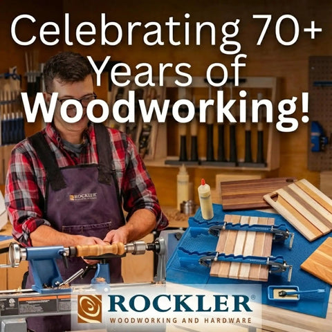 Woodworker using lathe with Mini Deluxe Panel Clamps 2-Pack on cutting boards, celebrating 70+ years of craftsmanship.