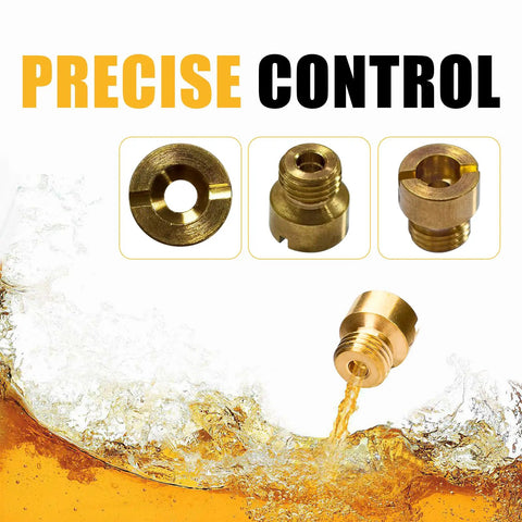 Holley Carburetor Main Jet Kit 64-99 Size Assortment, 72 Jets, brass jet close-up in fluid showing precise fuel control