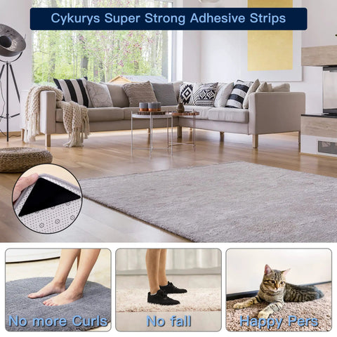 Living room with grey rug secured by 14 Piece Non Slip Rug Tape Set With Rug Grippers And Pad Grippers For Hardwood Floors Tile And Mats, Black