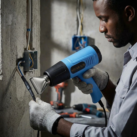 Man using Heat Gun With Dual Temperature 572 To 1112 Fahrenheit, Two Speed, 110 Volt, with nozzle on electrical work, blue.