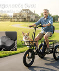 Powerful 1200W Peak Electric Trike For Adults With 48V System Long Range Up To 70 Miles Brushless Motor For Smooth Acceleration And Easy Hill Climb Ideal For Daily Commute And Errands, man riding black electric trike with large ergonomic seat and rear basket