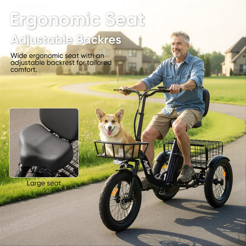 Powerful 1200W Peak Electric Trike For Adults With 48V System Long Range Up To 70 Miles Brushless Motor For Smooth Acceleration And Easy Hill Climb Ideal For Daily Commute And Errands, man riding black electric trike with large ergonomic seat and rear basket