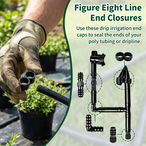 All In One Drip Irrigation Fittings Kit For Half Inch Tubing With Twenty Barbed Connectors hand holding end closures