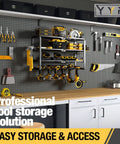 4 Layer Power Tool Organizer Wall Mount With Cordless Drill Hanger Storage Rack And Battery Tools Holder With Charging Station Shelf for garage on pegboard with tools.