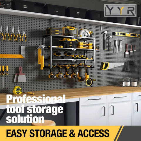 4 Layer Power Tool Organizer Wall Mount With Cordless Drill Hanger Storage Rack And Battery Tools Holder With Charging Station Shelf for garage on pegboard with tools.