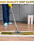 Four Pack 36 Inch Universal Dust Mop Heads With Easy Zipper Closure Heavy Duty Replacement Pads in use on hardwood floors.