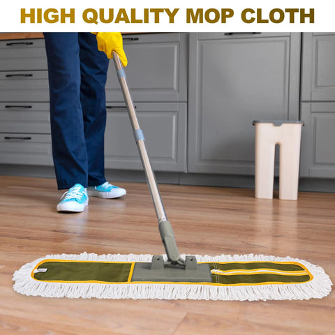 Four Pack 36 Inch Universal Dust Mop Heads With Easy Zipper Closure Heavy Duty Replacement Pads in use on hardwood floors.