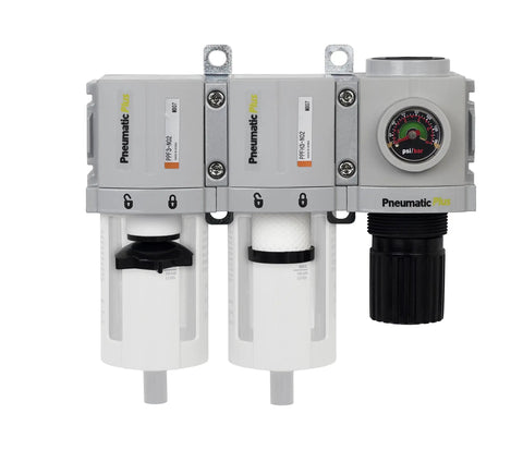 Front view of High Flow Shop Grade Air Drying System with 5 Micron Particulate Filter, 0.3 Micron Coalescing Filter, and 1/4 in NPT Regulator.