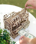 Old School 3D Wooden Puzzle Cash Register Box DIY Money Box Kit For Adults, Vintage Mechanical Model, open wooden cash box holding a bill