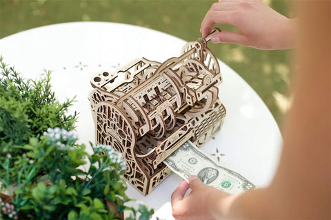 Old School 3D Wooden Puzzle Cash Register Box DIY Money Box Kit For Adults, Vintage Mechanical Model, open wooden cash box holding a bill