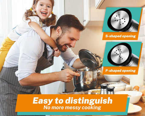 Father and child cooking with Refillable Salt And Pepper Shaker Set With Glass Bottom And Stainless Steel Lids For Home Kitchen, 4 Oz Capacity