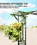 Garden Arch Trellis With Extended Top 7.5Ft Black PE Coated Steel Arbor For Climbing Plants And Vines, showcasing greenery