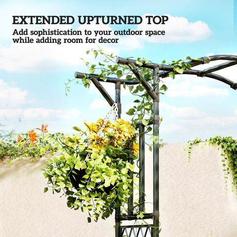 Garden Arch Trellis With Extended Top 7.5Ft Black PE Coated Steel Arbor For Climbing Plants And Vines, showcasing greenery