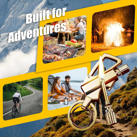 Two Pack All In One Permanent Match Lighter With Multitool Keychain Bottle Opener Reusable Waterproof Strike Anywhere Outdoor Survival Gear For Men And Women, shown with adventure activities like camping and cycling.