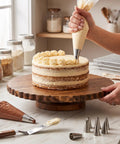 13 Inch Acacia Wood Cake Stand With Lazy Susan Rotating Turntable Decorator Choice Scalloped Wooden Server Kitchen MVP frosting a cake
