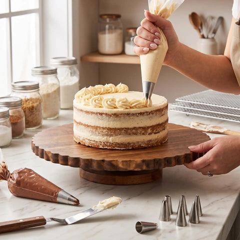 13 Inch Acacia Wood Cake Stand With Lazy Susan Rotating Turntable Decorator Choice Scalloped Wooden Server Kitchen MVP frosting a cake