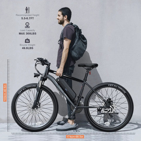 Man standing with Beast Electric Bike For Adults 27.5 Inch 500W Ebike With Removable 48V 499Wh Battery, lockable fork visible