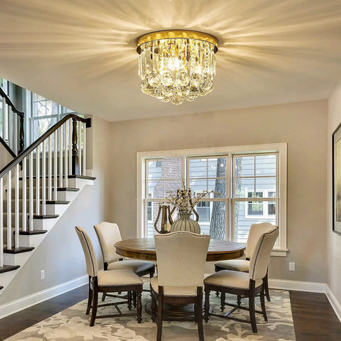 Gold Round Crystal Chandelier Ceiling Light With G9 Mount, 3 Light Pendant, Modern Glam Fixture For Living Room Dining Hallway, Sparkling Crystal Orbs And Triangle Accents, 9.85 Inch Diameter, Easy Mount, Lux Look