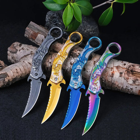 Folding Pocket Knife For Men With 3D Dragon Embossed Handle, set of four, beefy 440 stainless steel blade, various finishes.