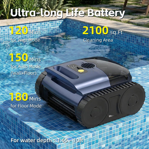 Cordless Pool Cleaner Robot With Smart Navigation And Self Parking LED Indicator on pool edge with cleaning stats