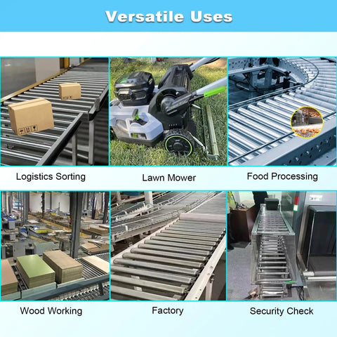 Pack Of Seven Flexible Conveyor Rollers Crafted From Galvanized Steel Tube in logistics sorting and various applications.