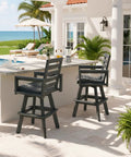 Outdoor HDPE Swivel Bar Stool 360 Degree Rotation Bar Height Ladderback Chair in Slate Gray on patio by poolside