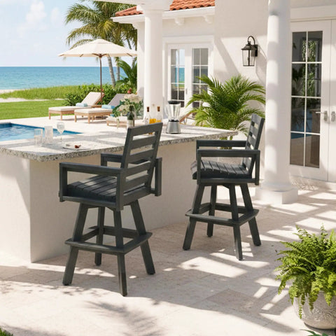 Outdoor HDPE Swivel Bar Stool 360 Degree Rotation Bar Height Ladderback Chair in Slate Gray on patio by poolside