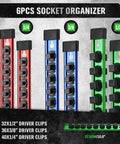 Six Piece Socket Organizer Rail Set with 360 Degree Swivel Clips Holds 108 Sockets Across Quarter Inch Three Eighths Inch And Half Inch Drives Double Sided Trays For Your Toolbox And Garage