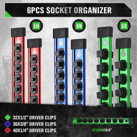 Six Piece Socket Organizer Rail Set with 360 Degree Swivel Clips Holds 108 Sockets Across Quarter Inch Three Eighths Inch And Half Inch Drives Double Sided Trays For Your Toolbox And Garage