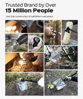 Collage showing Folding Camping Shovel Axe Kit Military Grade Survival Tool Set in various outdoor uses, including chopping.