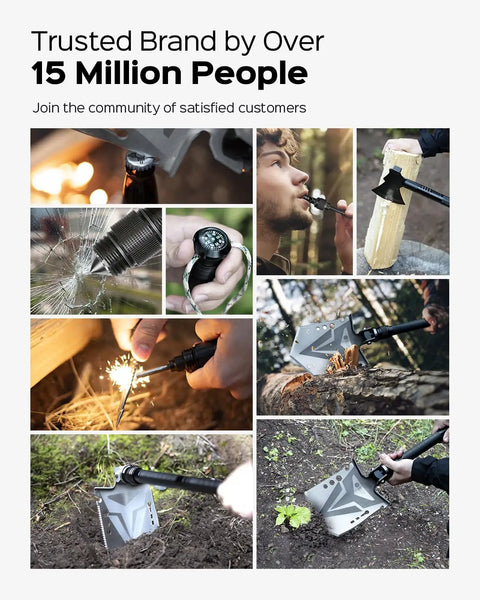Collage showing Folding Camping Shovel Axe Kit Military Grade Survival Tool Set in various outdoor uses, including chopping.