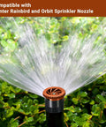 10 Pack Variable Arc Nozzles For Adjustable Pop Up Sprinkler Heads Hassle Free Yard Refresh Garden Lawn Irrigation Setup Zero To 360 Degree Spraying Total Coverage spraying water from nozzle above green foliage.