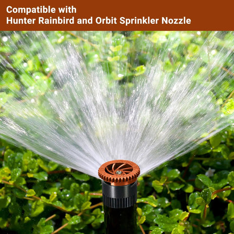 10 Pack Variable Arc Nozzles For Adjustable Pop Up Sprinkler Heads Hassle Free Yard Refresh Garden Lawn Irrigation Setup Zero To 360 Degree Spraying Total Coverage spraying water from nozzle above green foliage.