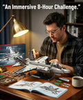 Man assembling F-35 Fighter Jet Building Blocks Set With 1,490 Pieces For A Boss Level Military Model Build Realistic Stealth Aircraft With Retractable Landing Gear And Opening Cockpit STEM Gift For Adults And Teens A Must Have Collectible