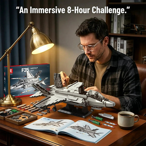 Man assembling F-35 Fighter Jet Building Blocks Set With 1,490 Pieces For A Boss Level Military Model Build Realistic Stealth Aircraft With Retractable Landing Gear And Opening Cockpit STEM Gift For Adults And Teens A Must Have Collectible