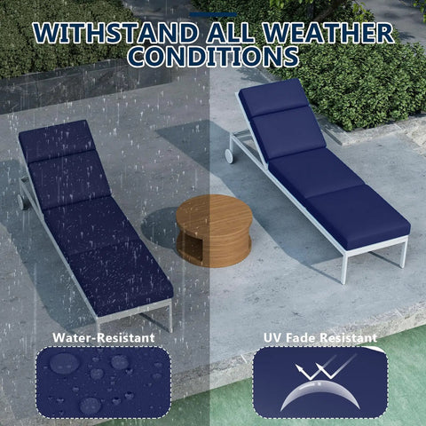 Two Pack Chaise Lounge Cushions Outdoor 72 By 21 By 4 Inches Waterproof Fade Resistant Thick Foam All Weather Patio Replacement Cushions For Outdoor Furniture Comfy Back And Hip Support showing rain and sun resistance