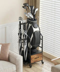 Garage Ready Golf Bag Organizer Rack With Wheels For Easy Single Bag Storage, in a home setting with clubs and accessories.